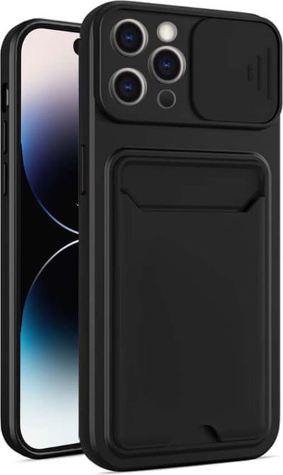 Smartphonica iPhone 14 Pro Max TPU Cover Case Hoesje met Camera Slide en Pashouder - Zwart geschikt voor iPhone 14 Pro Max