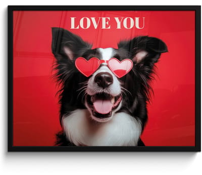 Poster in lijst - Fotolijst 70x50 cm - Posters - Hond - Hartjesbril - Loveyou - Rood - Posterlijst zwart - Decoratie - Wanddecoratie woonkamer - Muurdecoratie slaapkamer