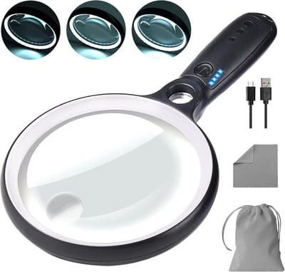 Vergrootglas met 37 LED Lichten - 10x, 20x, 45x Vergroting - Oplaadbaar Handvergrootglas met 3 Lichtstanden voor Lezen en Inspectie