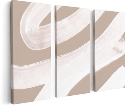 Artaza Canvas Schilderij Drieluik Abstracte Kunst - Witte Strepen op Beige - 120x80 cm - Wanddecoratie Woonkamer - Schilderijen - Muurdecoratie