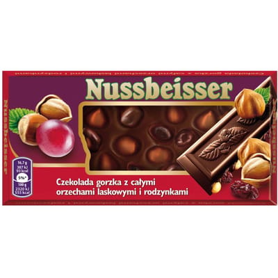Nussbeisser Pure chocolade met hele hazelnoten en rozijnen 100 g