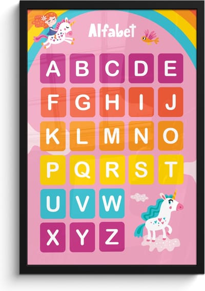 Poster in lijst - Fotolijst 40x60 cm - Posters - Alfabet - Educatief - Letters leren voor kinderen - Roze - Eenhoorn - Posterlijst zwart - Kamer decoratie - Wanddecoratie kinderkamer - Muurdecoratie babykamer
