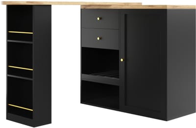 360° draaibare bartafel (hoofdgedeelte 105 x 39 x 102 cm), met 2 laden en schuifdeurkast, 3 open opbergniveaus, geschikt voor eetkamer/studeerkamer/woonkamer etc.