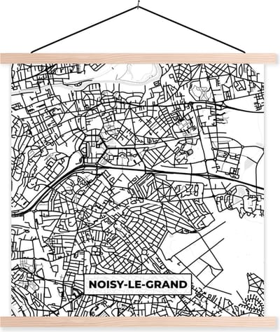 Posterhanger incl. Poster 40x40 cm - Schoolplaat - Stadskaart - Plattegrond - Kaart - Frankrijk - Noisy-le-Grand - Zwart wit - Textielposter - Blanke latten - Stadskaart
