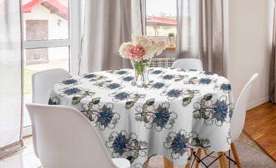 ABAKUHAUS bloemen ronde tafelkleed, krabbelbloemen en takken, cirkelvormige tafelkleedbedekking voor eetkamer keukendecoratie, 150 cm, witgroen