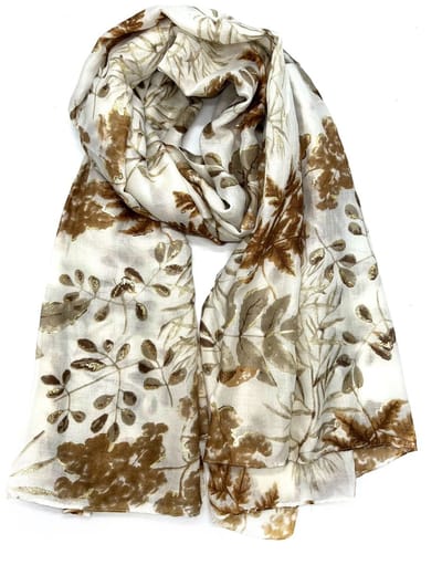 Lange dames sjaal Corine-bladerenmotief-beige wit goud bruin taupe