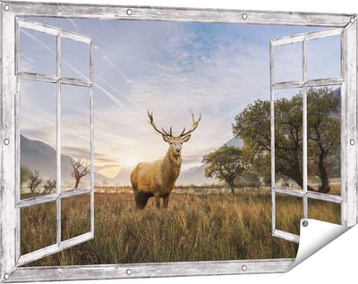 Gards Tuinposter Doorkijk Hert in het Landschap - 120x80 cm - Tuindoek - Tuindecoratie - Wanddecoratie buiten - Tuinschilderij