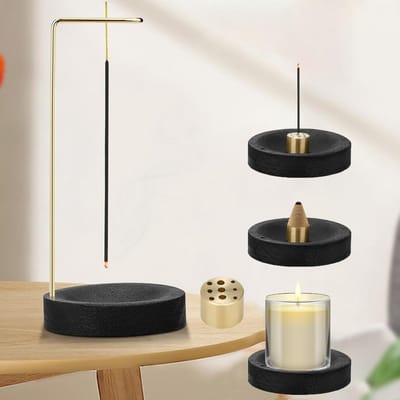 Allecto - 2-in-1 wierookstokjeshouder - Wierookhouder van hout - Ronde basis - Zwart - Geschikt voor meditatie en yoga - Voor thuis en studie