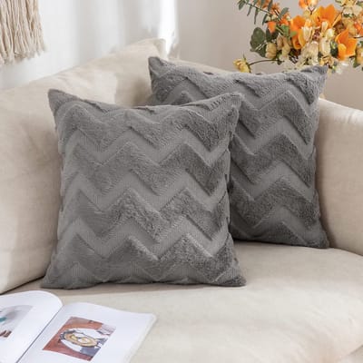 Allecto - Pluizige kussenhoezen - Decoratieve kussens - Zacht en comfortabel - Donkergrijs - Polyester - Set van 2 - Geschikt voor woonkamer en sla...