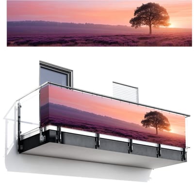 Balkonscherm 500x120 cm - Balkonposter Boom - Heide - Zonsopgang - Balkon scherm decoratie - Balkonschermen - Balkondoek zonnescherm