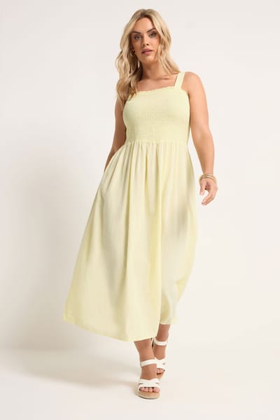 Yours Gele Linnen Maxijurk Met Smokwerk Size 50-52