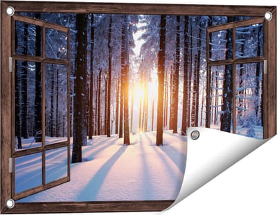 Gards Tuinposter Doorkijk Bos met Sneeuw tijdens de Zonsondergang - 60x40 cm - Tuindoek - Tuindecoratie - Wanddecoratie buiten - Tuinschilderij
