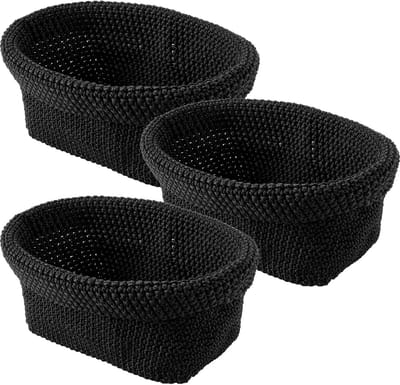 Set van 3 gehaakte opbergmanden in zwart, 21 x 13 x 15,5 cm | Opvouwbare manden voor badkamer, woonkamer en kantoor, veelzijdig en stijlvol