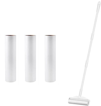 Set pluizenrollers, 3 rollen van 24 cm groot, voor het verwijderen van dierenhaar, vervangbaar, met uitschuifbare steel van 113 cm, geschikt voor het reinigen van tapijten, vloeren en banken, wit.
