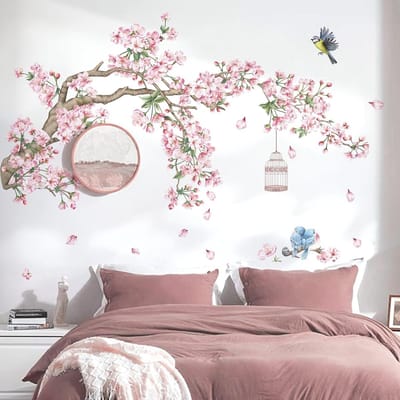 SPHProducts - Kersenbloesem Boom - Muursticker - Eenvoudige wanddecoratie - Roze - Bloemen en vogels - Decoratie voor slaapkamer - Muurstickers