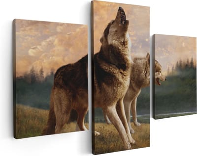 Artaza Canvas Schilderij Drieluik Twee Wolven Op Het Gras - 90x60 - Foto Op Canvas - Canvas Print