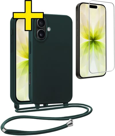 Hoesje Geschikt voor iPhone 17 Hoesje Met Koord Met Screenprotector Siliconen Case - Hoes Geschikt voor iPhone 17 Backcover Met Afneembaar Koord - Donkergroen