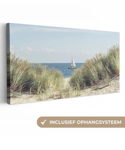 Canvas schilderij 300x140 cm - Wanddecoratie Noordzee - Duinen - Boot - Muurdecoratie woonkamer - Slaapkamer decoratie - Kamer accessoires - Schilderijen op canvas
