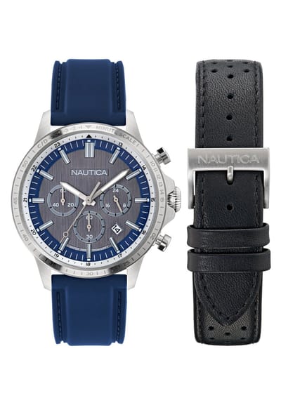 Nautica Nct Blueocean Quartz Chronograaf Horloge Zwart & Blauw Kast: 100% Roestvrij Staal. Armband: 100% Siliconen 45 NAPBOS501, NAPBOS502, NAPBOS503, NAPBOS504