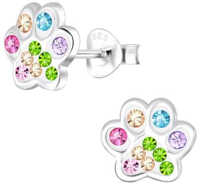 Joy|S - Zilveren kat hond dierenpoot oorbellen - 8 mm - multicolor kristal - poot afdruk