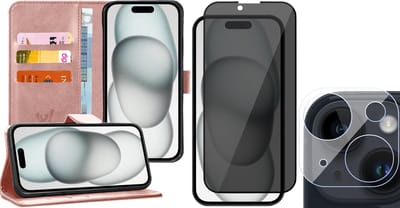 Hoesje geschikt voor iPhone 15 - Privacy Screenprotector FullGuard & Camera Lens Screen Protector - Book Case Kunstleer Pasjeshouder Rosegoud