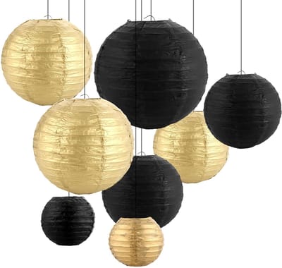 Dailygoods- Papieren Lantaarns Set van 16 - Zwart/Goud - Decoratie voor Bruiloften - Feestverlichting - Rond - 10/15/20/25 cm - Van Rijstpapier - Decoratieve Lantaarns