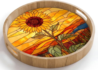 Dienblad rond 40x40 cm - Schootdienblad hout - Zonnebloem - Mozaïek - Zonsondergang - Geel - Borrelplank rechthoek - Plateau houten dienbladen