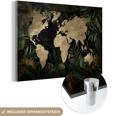 MuchoWow® Glasschilderij 60x40 cm - Schilderij acrylglas - Wereldkaart - Vintage - Tropische Planten - Foto op glas - Schilderijen