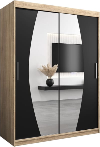 InspireMe - Kledingkast met 2 schuifdeuren, Modern-stijl, Een kledingkast met planken en een spiegel (BxHxD): 150x200x62 - GLOBE 150 Sonoma Eik + Zwart Mat