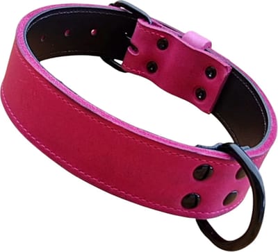 K9World by van der Veeke, Lederen Hondenhalsband - Black Edition Hardware – 4 cm Breed – Dubbel Leer – Handgemaakt – Roze – Maat 40–50 cm
