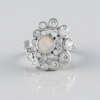 Cavill - Zilveren ring met Welo-opaal 0,454 ct en 2,615 ct zirkonia - 925 Sterling Zilver - elegante damesring met filigraan en bloemdesign