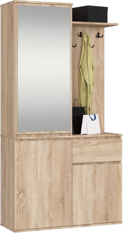 Hal set met spiegel ENTRO / Halmeubel met 3 Deuren en 1 Lade / Hal Kast / Kapstok en Schoenenkast / Sonoma Eik / 95 x 183 x 35 cm