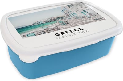 Broodtrommel Blauw - Lunchbox - Brooddoos - Griekenland - Blauw - Zee - Stoelen - 18x12x6 cm - Kinderen - Jongen