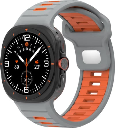 Stravo Heavy Duty Siliconen Sport Bandje – Geschikt voor Samsung Galaxy Watch Ultra 2 (2026) / Ultra (2024/2025) – Tweekleurig Horlogebandje – Grijs / Oranje