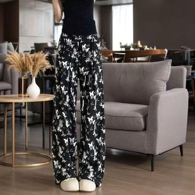 Nieuwe Lente en Zomer Gedrapeerde Wijde Pijpen Dames Bedrukte Koele Broek Elastische Taille Losse Casual Damesbroek 3XL
