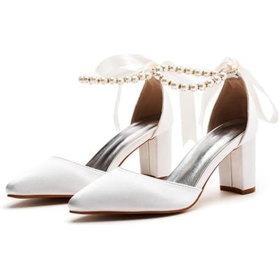 7cm Dikke Hak Puntige Sandalen Riemen voor Dames Sandalen Wit Kralen Satijnen Stof Bruids Hoge Hakken Grote Maat 35 white