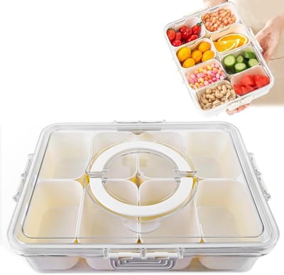 Snackbox met vakken, snackbord met deksel, plastic snackschaal lekvrij snacktablet, organizer voor snack zoetigheden candy veggie koekjes noten desserts fruit