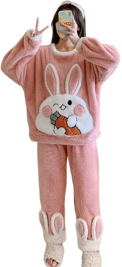 Dames Warme Fleece Pyjama Set Maat M – Zachte Winter Nachtkleding met Ronde Hals, Lange Mouwen en Broek, Comfortabele Loungewear, Nachtjapon, Slaapset, Homewear