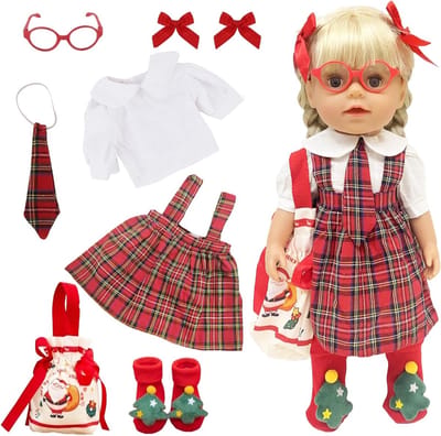 Kleding voor 35-45 cm Poppen - 9-delige Set met Rood Geruite Overalls, Haarclip en Kerstaccessoires voor Feestdagen en Winterse Spellen