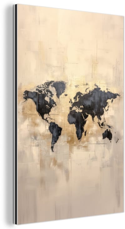 Aluminium schilderij 120x180 cm - Wanddecoratie metaal - Wereldkaart - Goud - Zwart - Abstract - Metalen muurdecoratie woonkamer - Decoratie industrieel - Foto op dibond - Industriële accessoires slaapkamer