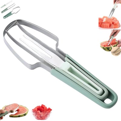 Watermeloensnijder/Plattemaker - 3-in-1 roestvrijstalen watermeloen-ijsjessnijder - Watermeloenmes en -vork - Groen - Fruitsnijder - 3-in-1 watermeloensnijder - Roestvrijstalen watermeloensnijder