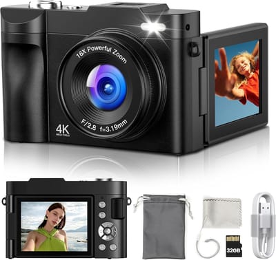Digitale camera 4K voor fotografie vlogging: 48MP camera's voor video - 16x zoom fotocamera geschenken voor tieners van 8-16 jaar - 180° flip scherm compacte camera