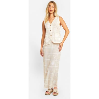 boohoo Dames Linnen Look Tegelprint Gilet & Kolom Maxi Rok | Stone | Maat: 6