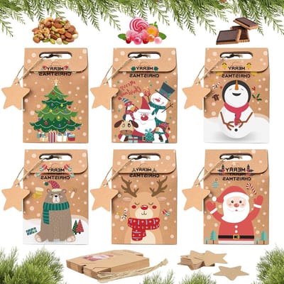 Set van 24 Kerstcadeautassen, Kleine Tassen voor Kerstmis, Adventskalender Tassen met Sterlabel en Jute Touw voor Snoep, Koekjes en Geschenken