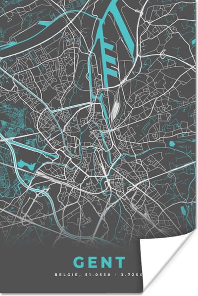 Poster Kaart – Plattegrond – Stadskaart – Gent – België - Grijs - 120x180 cm XXL