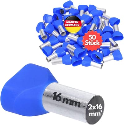 50 stuks Kalitec AET1616BL dubbele adereindhulzen geïsoleerd 2x16,0mm² 16mm lang blauw I Made in Germany I Industriële kwaliteit