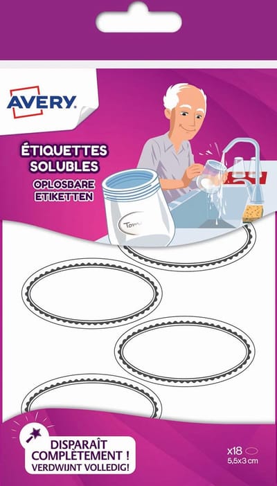 Avery Family ovale oplosbare etiketten | ft 5 | 5 x 3 cm | ophangbare etui met 18 etiketten