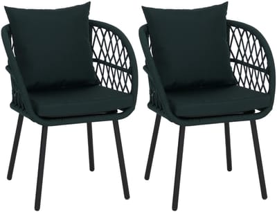 Set van 2 tuinstoelen MCW-Q38, tuinstoel met armleuningen, aluminium vlechtwerk Rope ~ frame zwart, bekleding groen