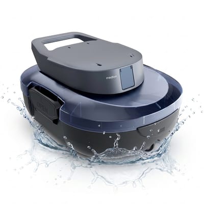 MEDION PR1 Zwembadrobot accu, voor opzetzwembad, bodemreiniging zwembad, One-Click-bediening, zelfparkeerfunctie, 120 min accuduur, 2,2 L filtercapaciteit, voor 80–100 m², incl. oplader en haak | Bode