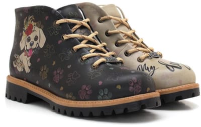 Goby Dames Veterboots – Hondenillustratie – Robuuste Zool – Handgemaakt – Premium Kwaliteit – Maat 39